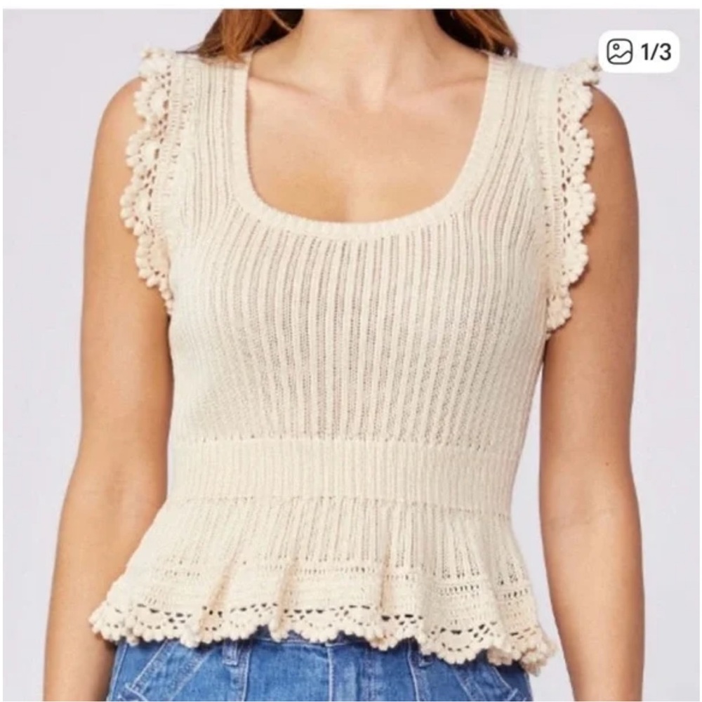 PAIGE Women’s medium Ammeline Knit Crochet Peplum Top - Oatmeal Ecru Cream